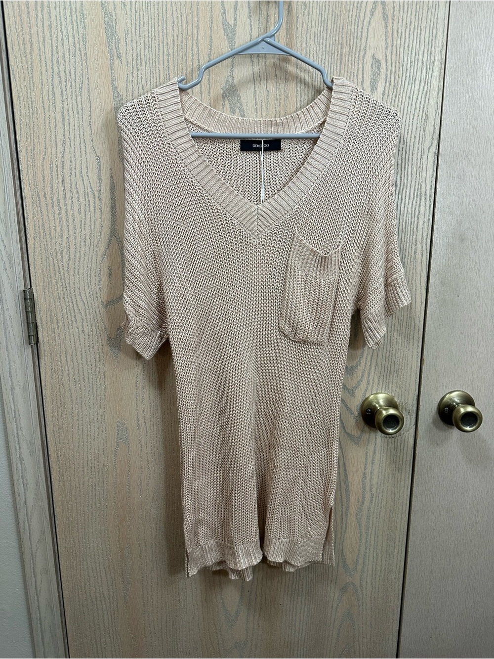 Beige Short Sleeve V Neck Knit Sweater Tunic Medium - Picture 2 of 8
